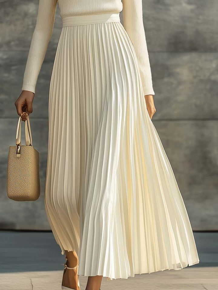 Cream Knit Maxi Dress – Long Sleeve, Pleated Hem