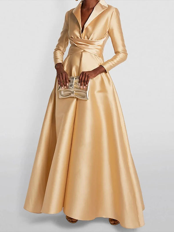 Solid Colour A-Line Maxi Dress – High-Waisted V-Neck