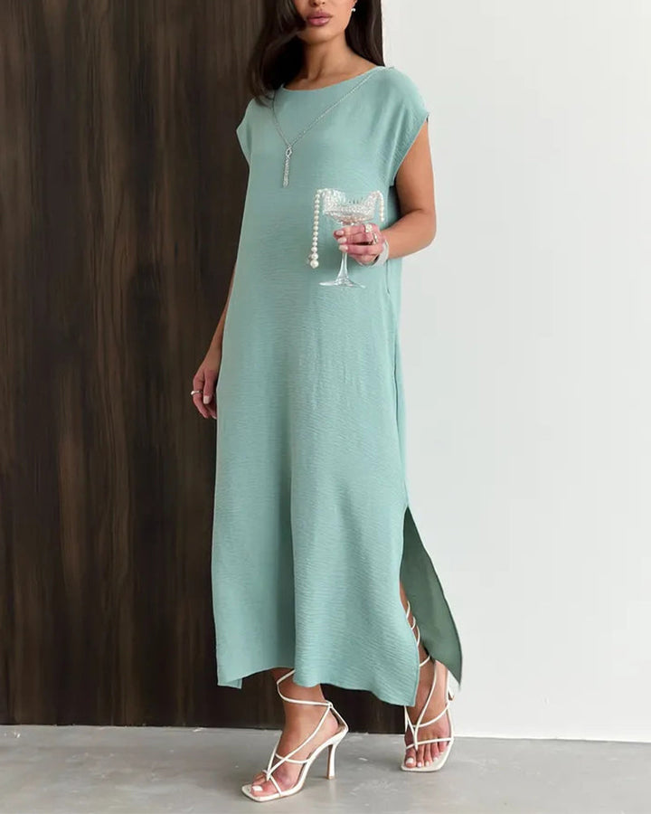 Solid Round Neck Short Sleeve Slit Loose Maxi Dress