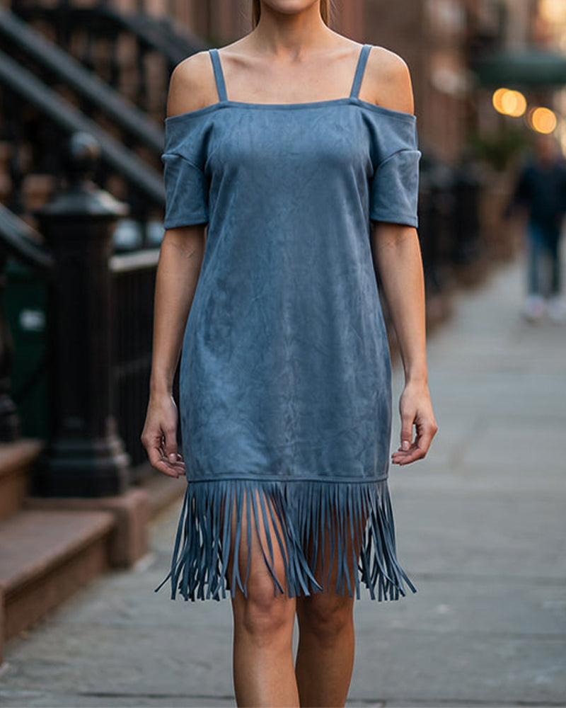 Blue Spaghetti Strap Off-Shoulder Fringe Maxi Dress