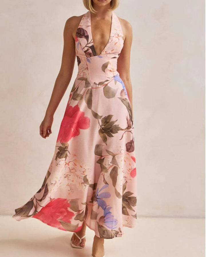 Floral Backless Halter Maxi Dress