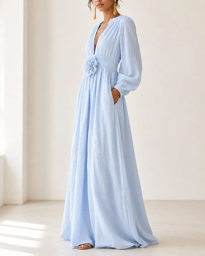 Blue V-Neck 3D Floral Full Skirt Maxi Dress