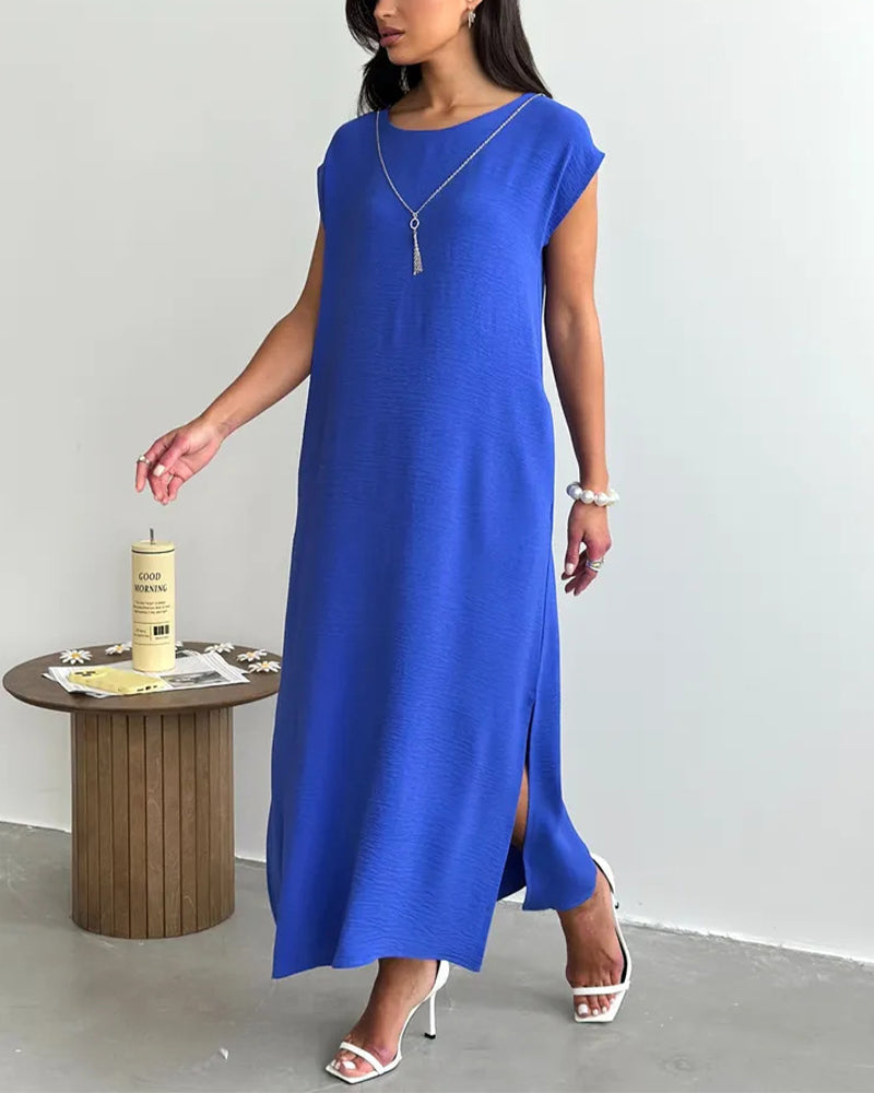 Solid Round Neck Short Sleeve Slit Loose Maxi Dress