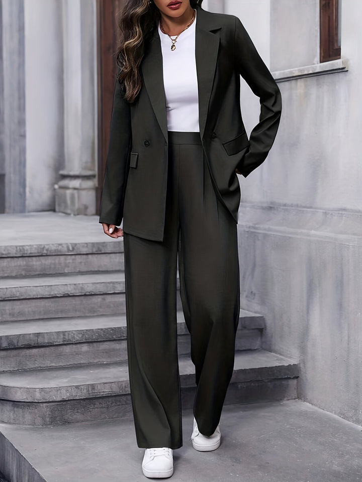 Women's Tailored Two Piece Suit Set - Double Breasted Blazer and Wide-Leg Pants