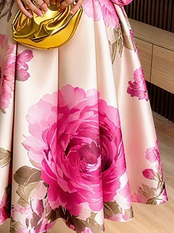Floral Print A-Line Maxi Dress – Pleated Mock Neck