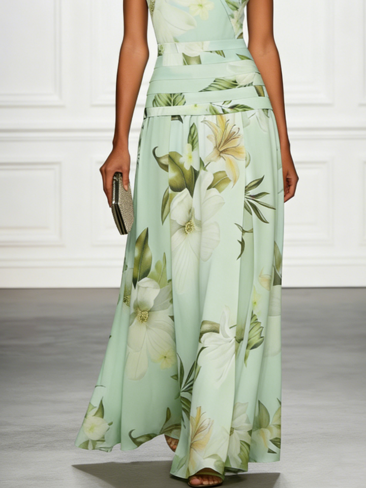 Floral Boat Neck Sleeveless Wedding Guest Maxi Dress