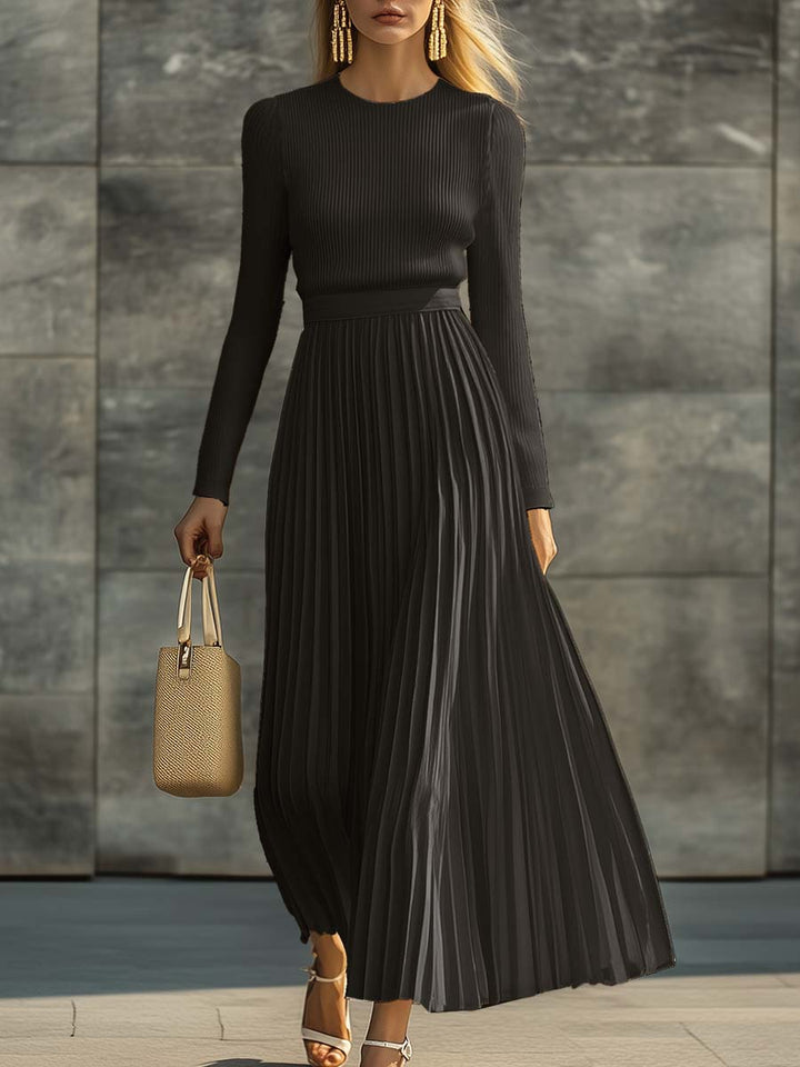 Cream Knit Maxi Dress – Long Sleeve, Pleated Hem