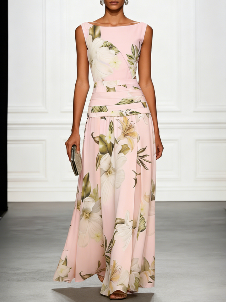 Floral Boat Neck Sleeveless Wedding Guest Maxi Dress