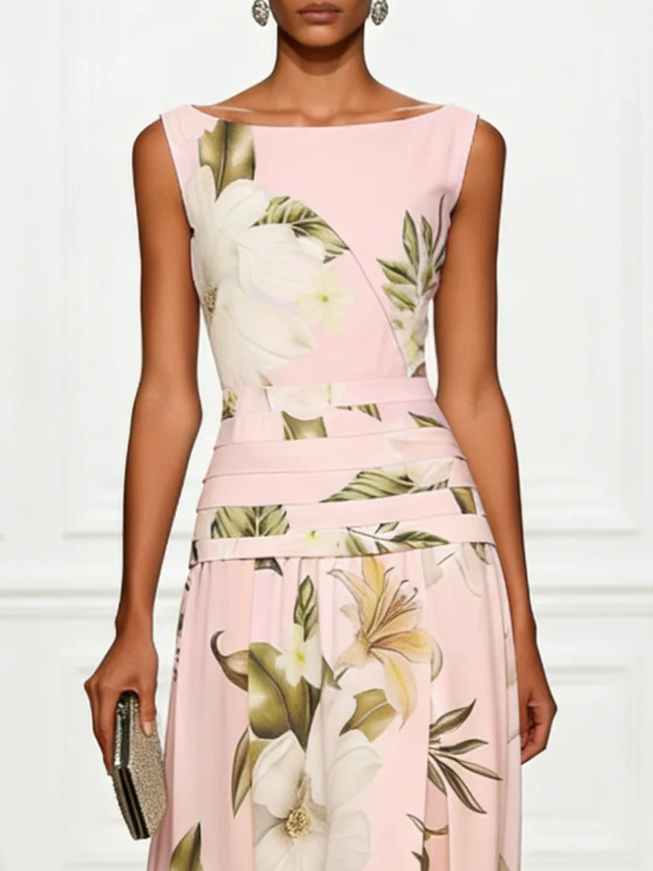 Floral Boat Neck Sleeveless Wedding Guest Maxi Dress