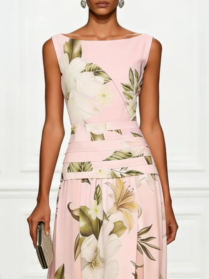 Floral Boat Neck Sleeveless Wedding Guest Maxi Dress