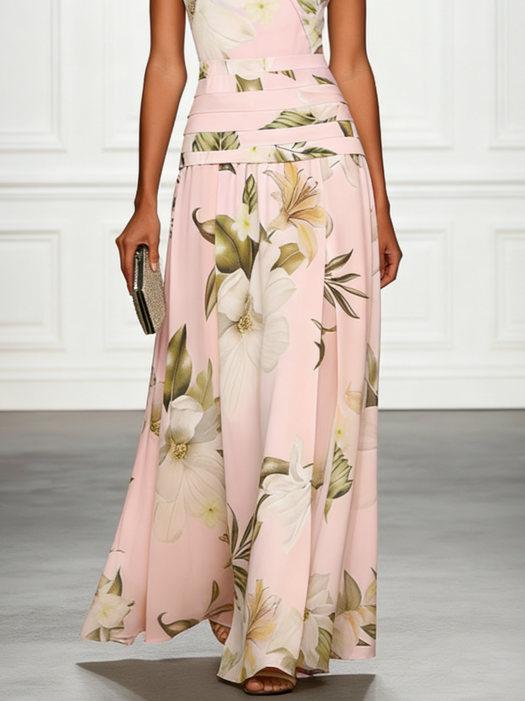 Floral Boat Neck Sleeveless Wedding Guest Maxi Dress