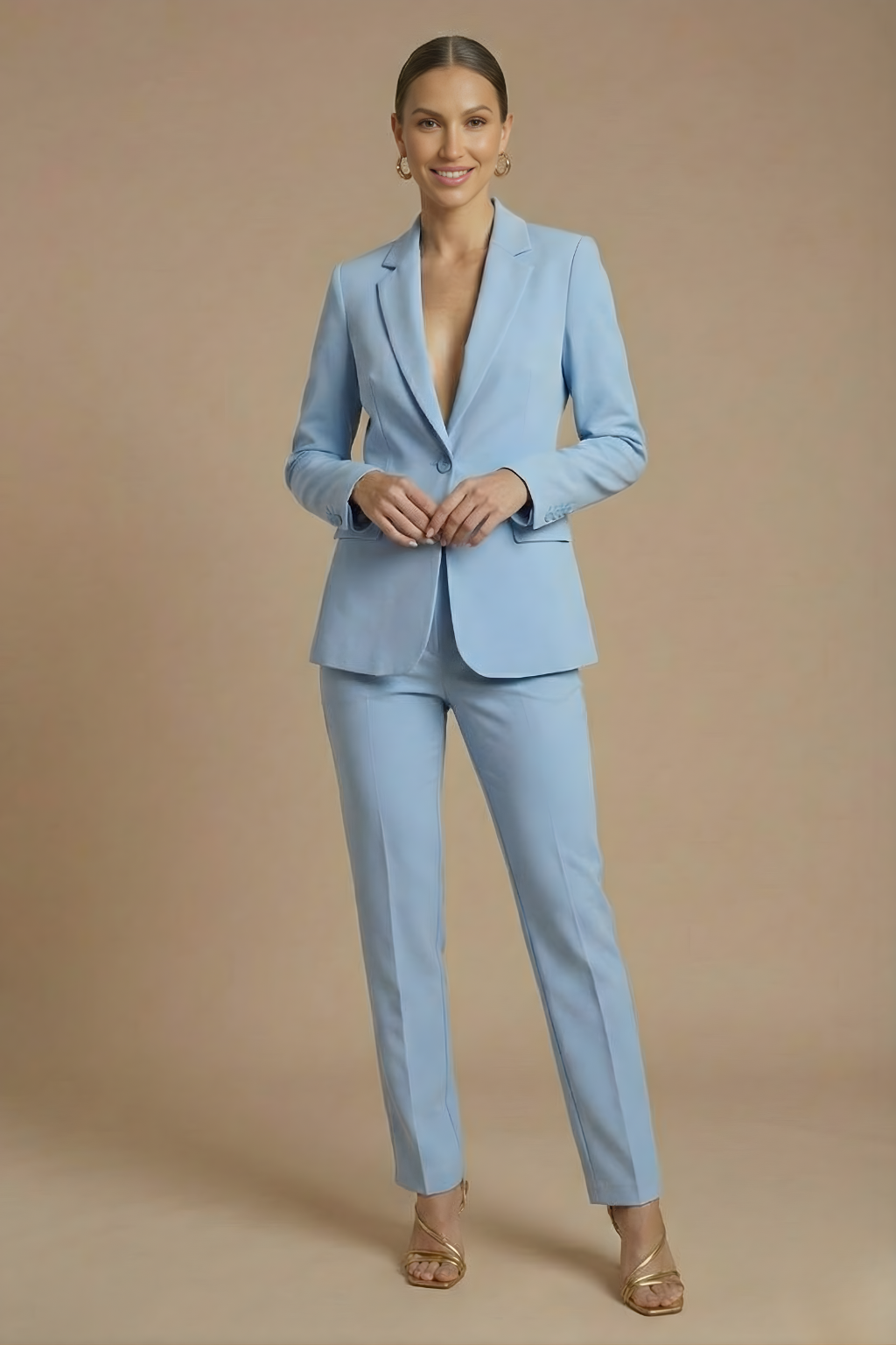 Women's Tailored Two Piece Suit - Single-Button Blazer and Wide-Leg Trousers
