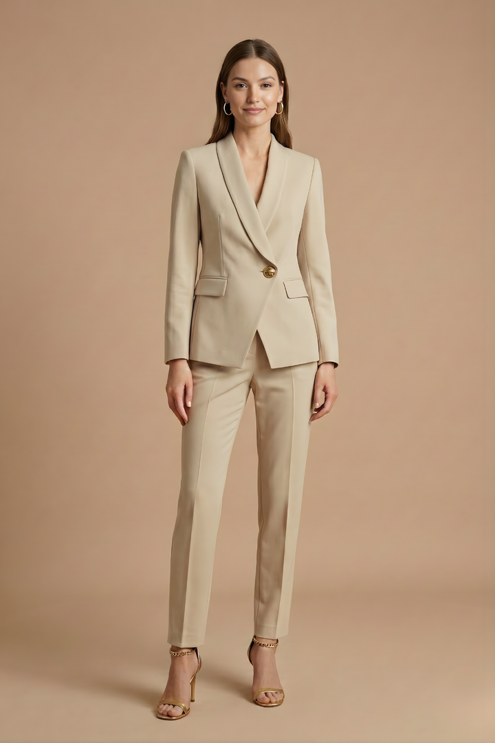 Women's Pant Suits - Shawl Lapel Blazer - Straight Leg Trousers Set