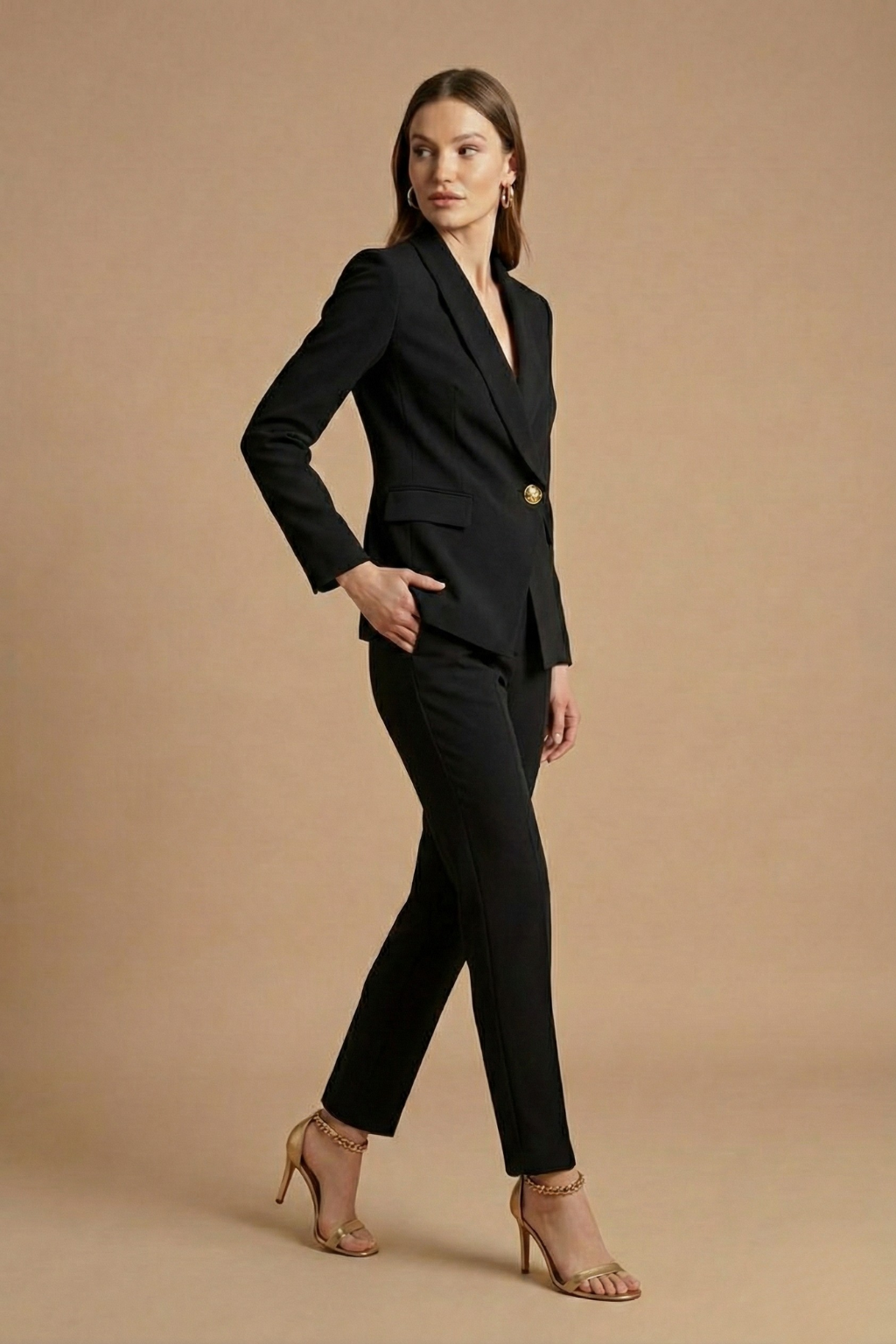 Women's Pant Suits - Shawl Lapel Blazer - Straight Leg Trousers Set
