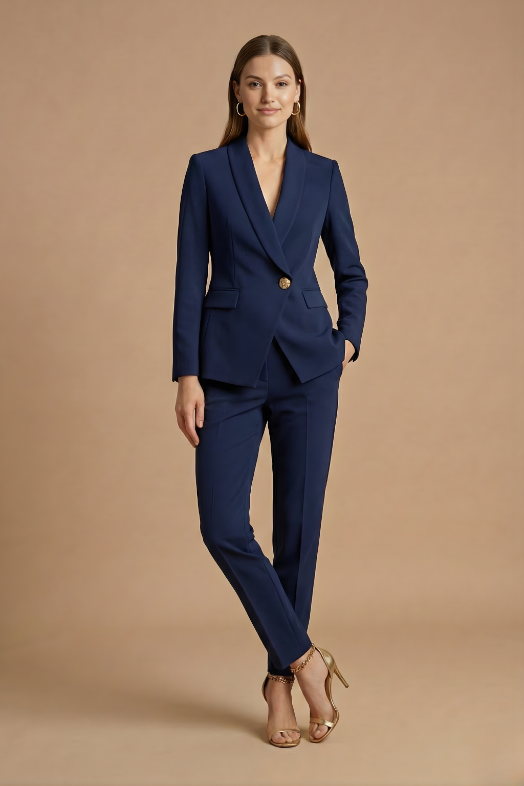 Women's Pant Suits - Shawl Lapel Blazer - Straight Leg Trousers Set