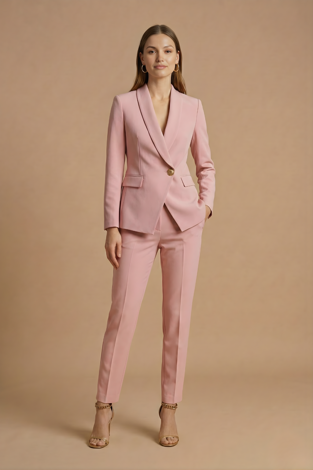 Women's Pant Suits - Shawl Lapel Blazer - Straight Leg Trousers Set