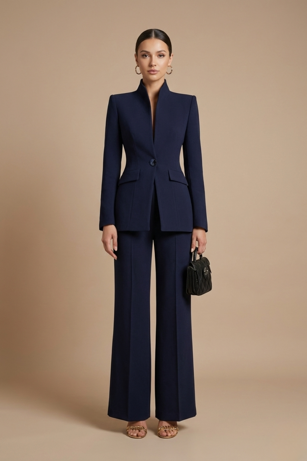 Women's Tailored Two Piece Suit - Stand Collar Blazer and Flared Trousers