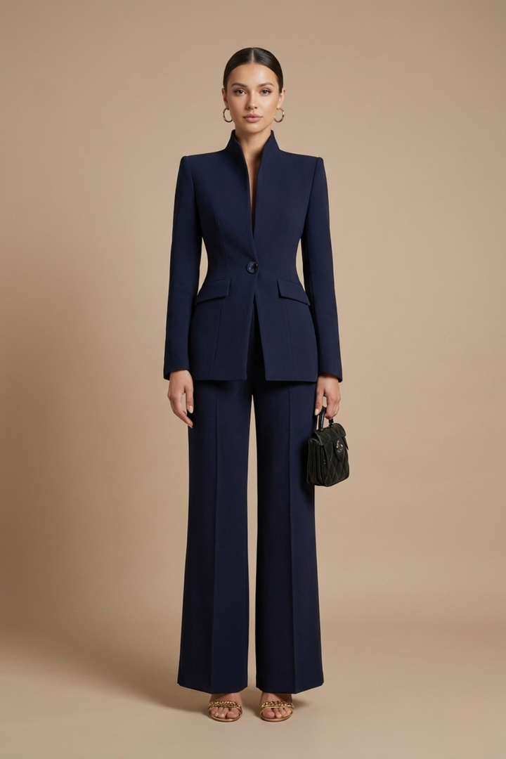 Women's Tailored Two Piece Suit - Stand Collar Blazer and Flared Trousers