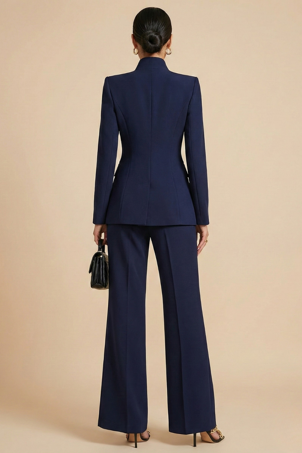 Women's Tailored Two Piece Suit - Stand Collar Blazer and Flared Trousers