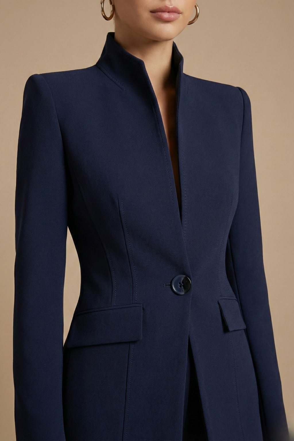 Women's Tailored Two Piece Suit - Stand Collar Blazer and Flared Trousers
