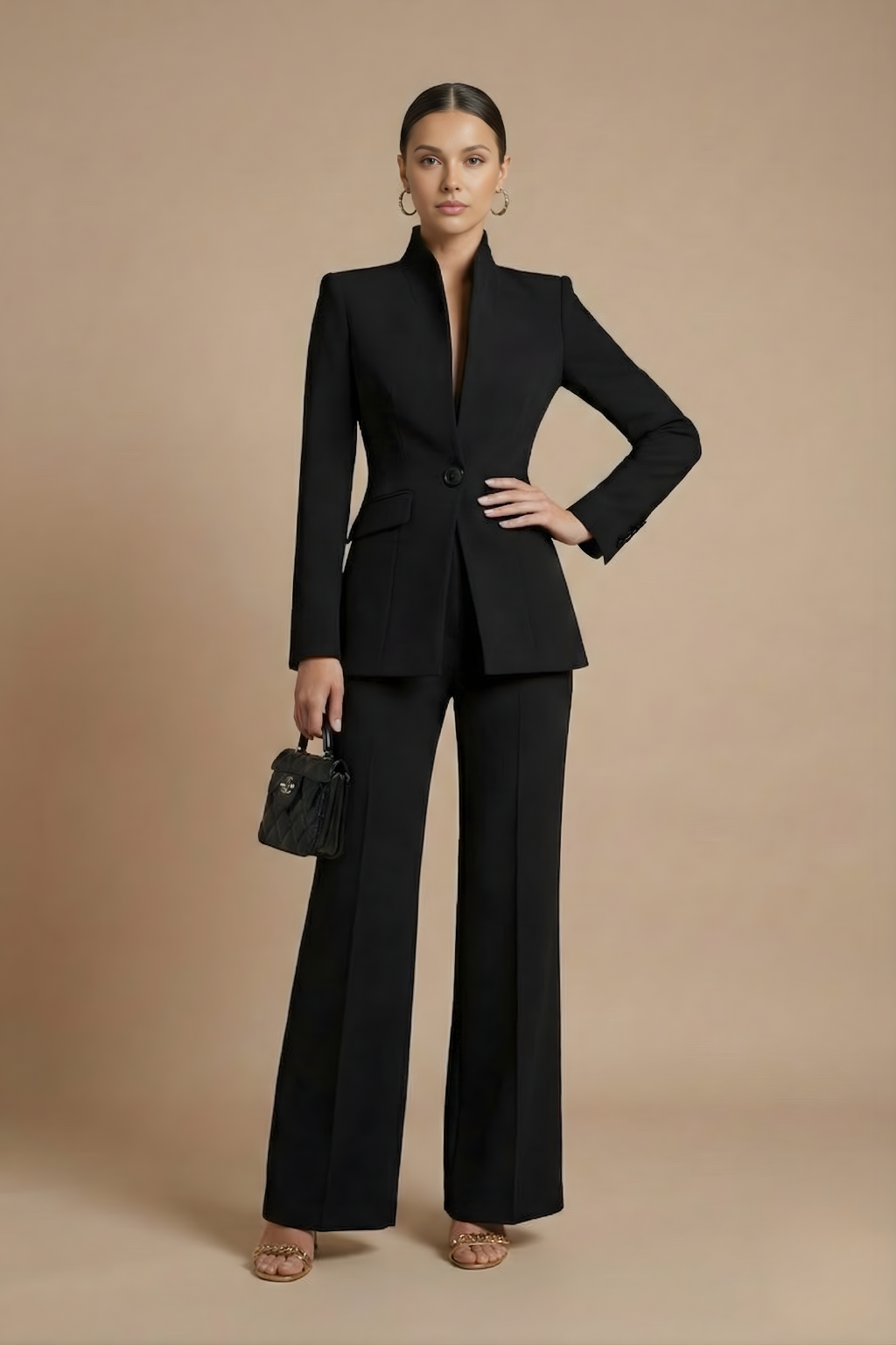 Women's Tailored Two Piece Suit - Stand Collar Blazer and Flared Trousers