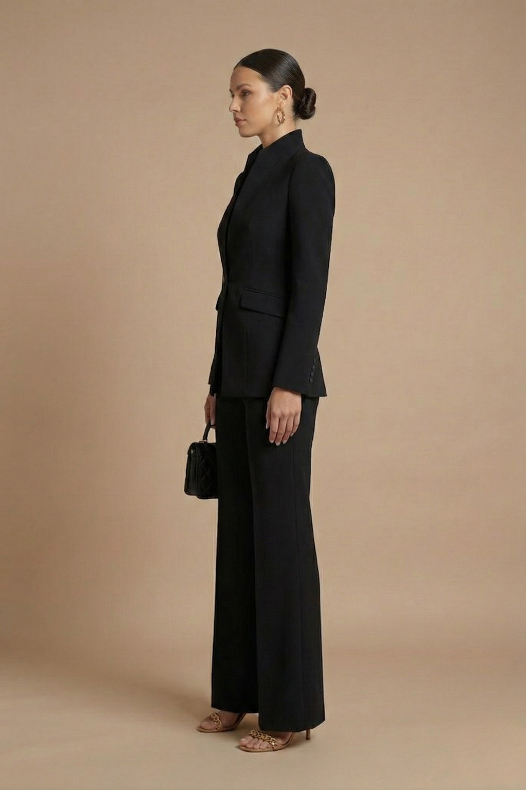 Women's Tailored Two Piece Suit - Stand Collar Blazer and Flared Trousers