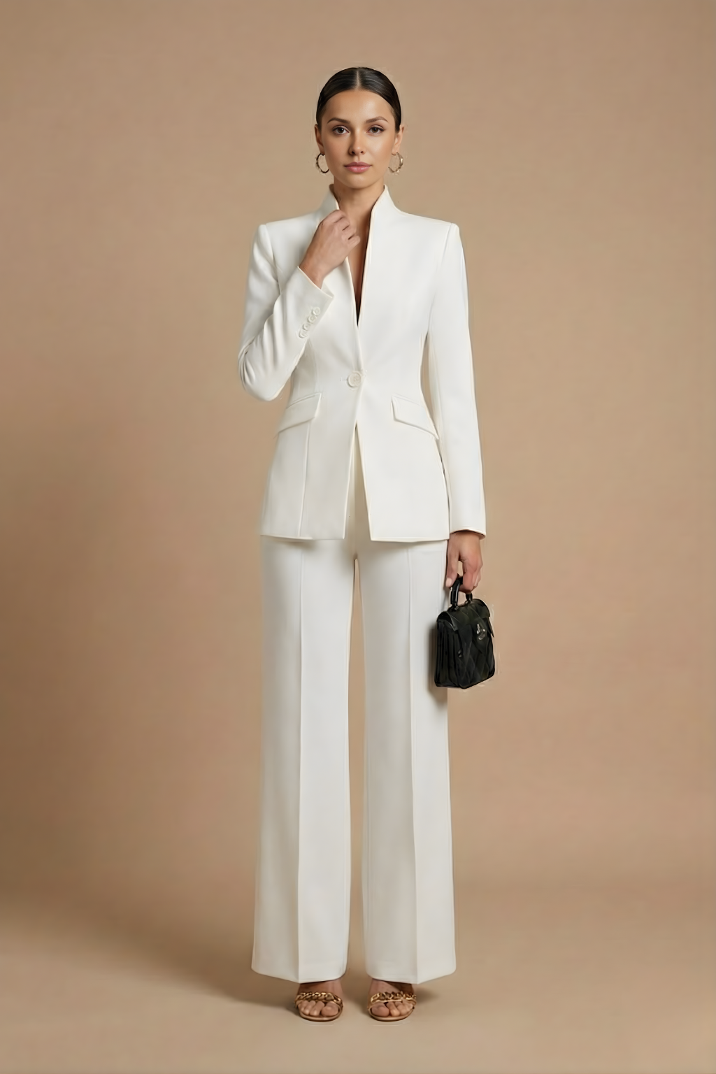 Women's Tailored Two Piece Suit - Stand Collar Blazer and Flared Trousers