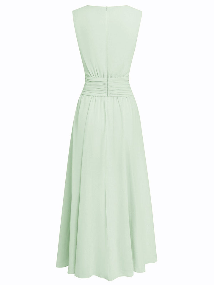 Sleeveless Ruched A-Line Wedding Guest Maxi Dress