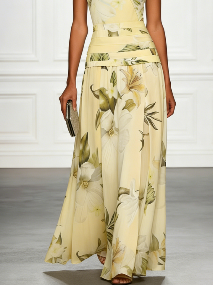 Floral Boat Neck Sleeveless Wedding Guest Maxi Dress