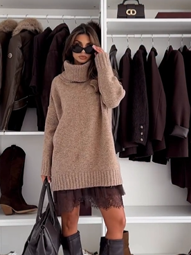 Elegant Roll-Neck Knit Mini Dress Set