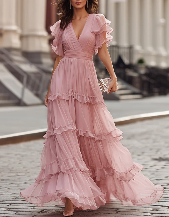 Wedding Guest Chiffon Ruffled Hem Maxi Dress