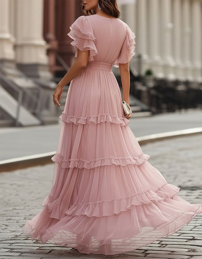 Wedding Guest Chiffon Ruffled Hem Maxi Dress