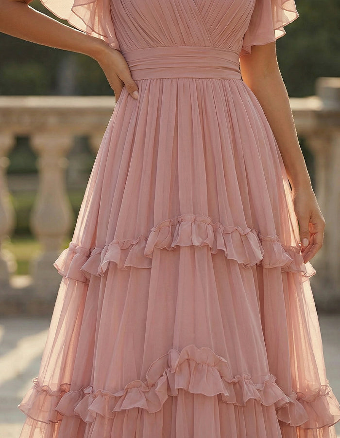 Wedding Guest Chiffon Ruffled Hem Maxi Dress