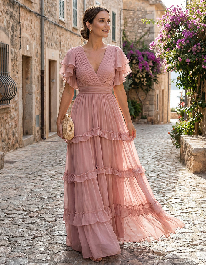 Wedding Guest Chiffon Ruffled Hem Maxi Dress