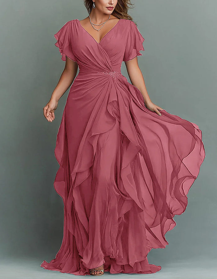 V-Neck Chiffon Tiered Ruffle Maxi Dress