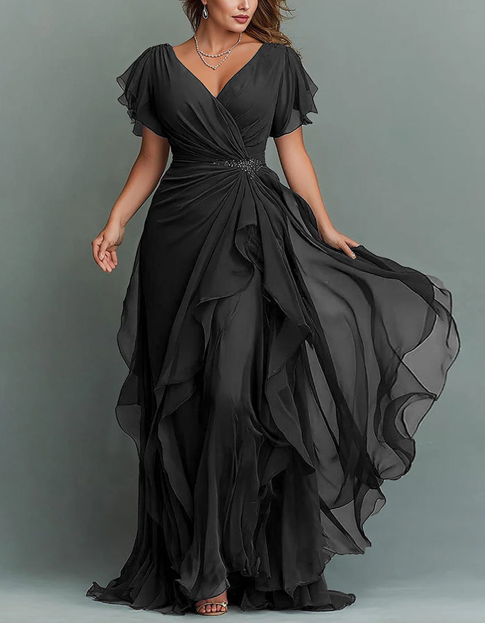V-Neck Chiffon Tiered Ruffle Maxi Dress