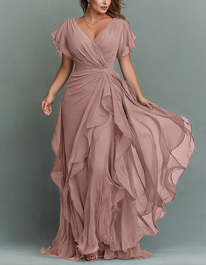V-Neck Chiffon Tiered Ruffle Maxi Dress