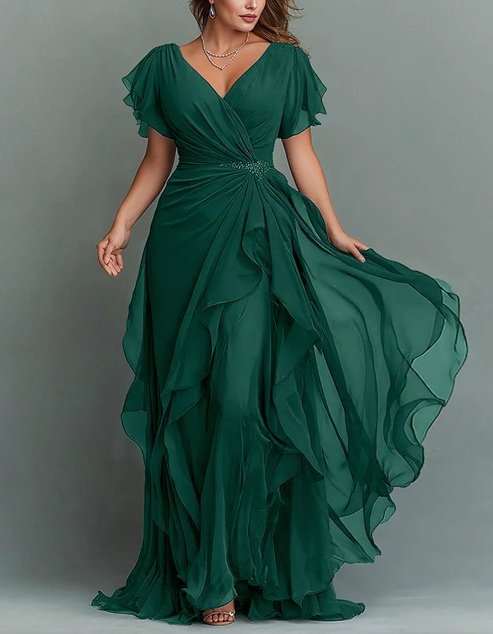V-Neck Chiffon Tiered Ruffle Maxi Dress