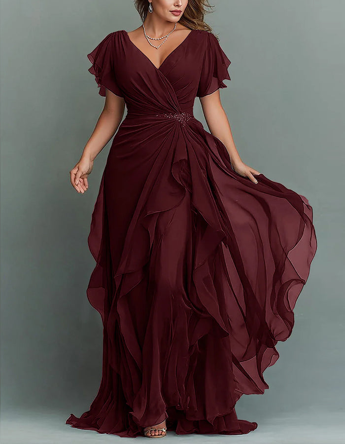 V-Neck Chiffon Tiered Ruffle Maxi Dress