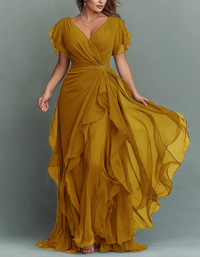 V-Neck Chiffon Tiered Ruffle Maxi Dress