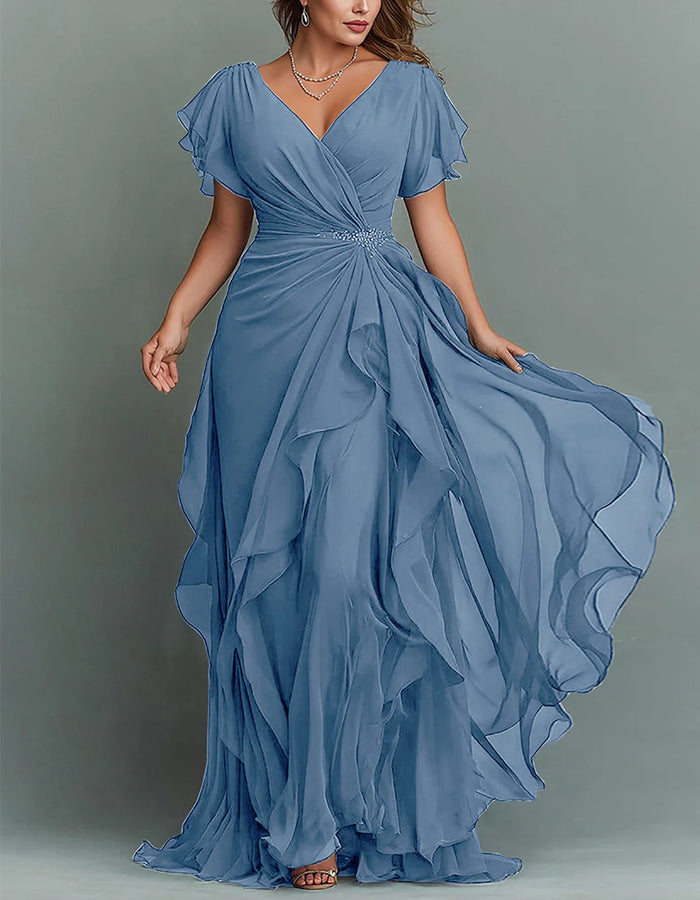 V-Neck Chiffon Tiered Ruffle Maxi Dress