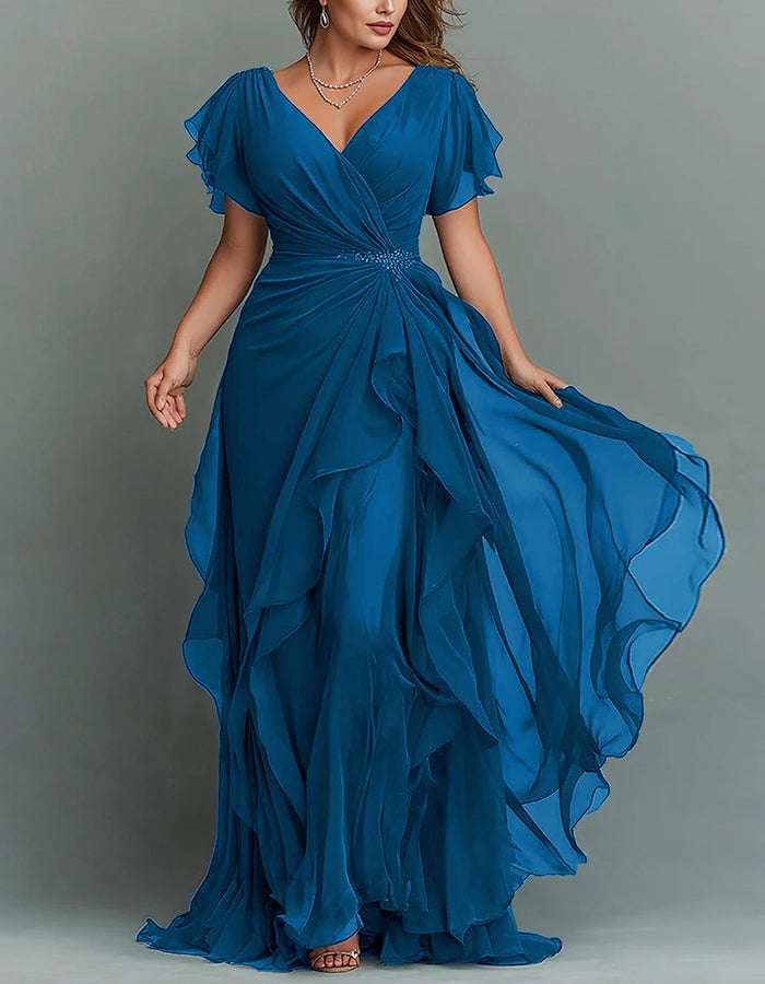 V-Neck Chiffon Tiered Ruffle Maxi Dress