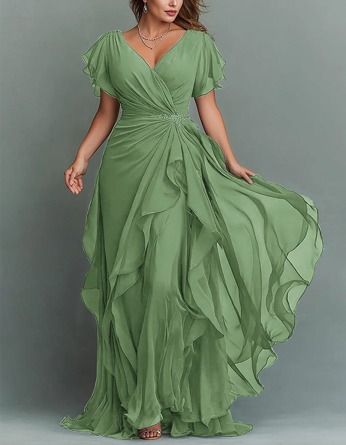 V-Neck Chiffon Tiered Ruffle Maxi Dress
