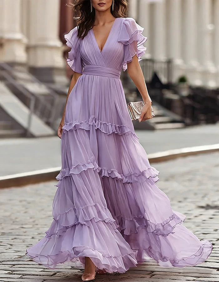 Wedding Guest Chiffon Ruffled Hem Maxi Dress