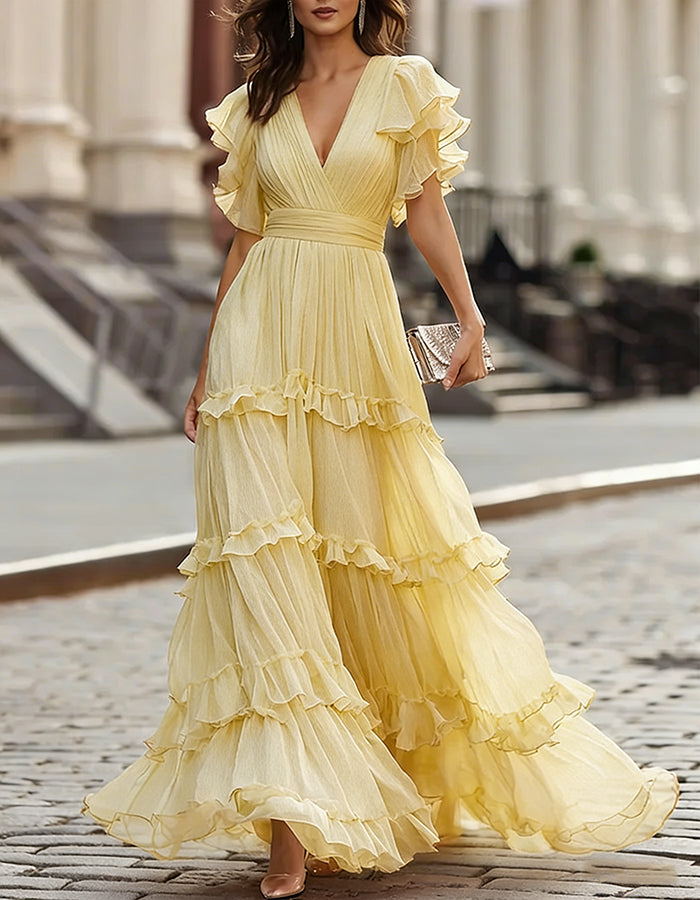 Wedding Guest Chiffon Ruffled Hem Maxi Dress