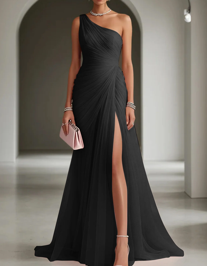One-Shoulder Pleated Chiffon Maxi Dress