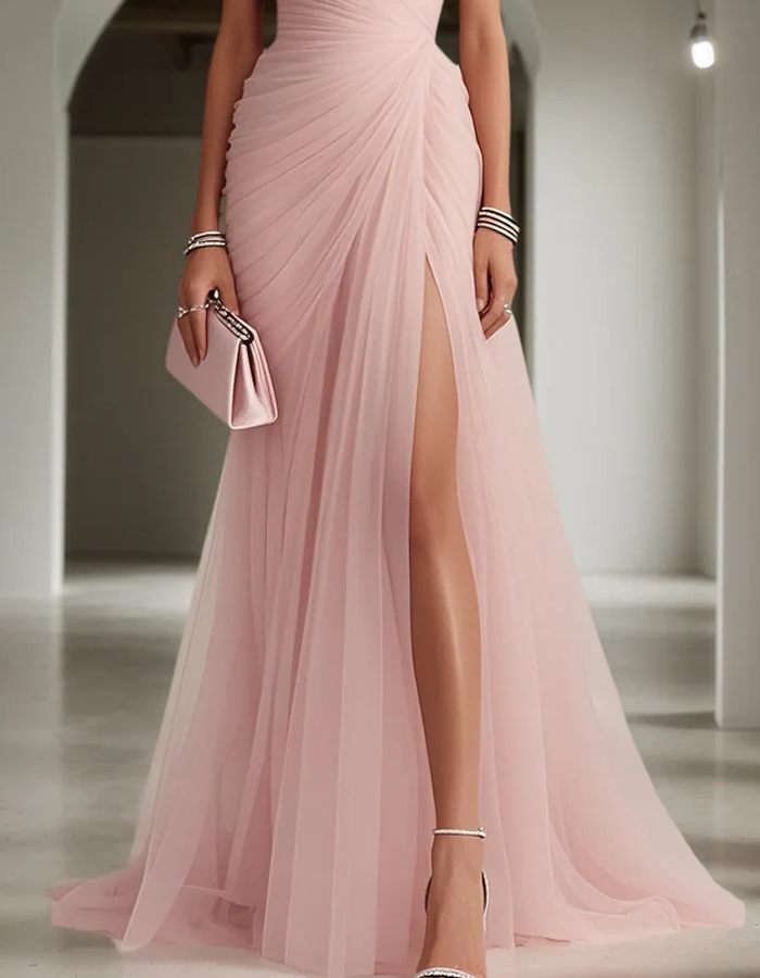 One-Shoulder Pleated Chiffon Maxi Dress