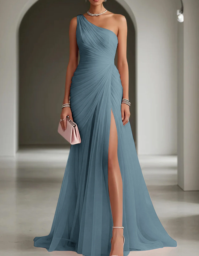 One-Shoulder Pleated Chiffon Maxi Dress