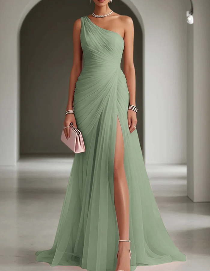 One-Shoulder Pleated Chiffon Maxi Dress