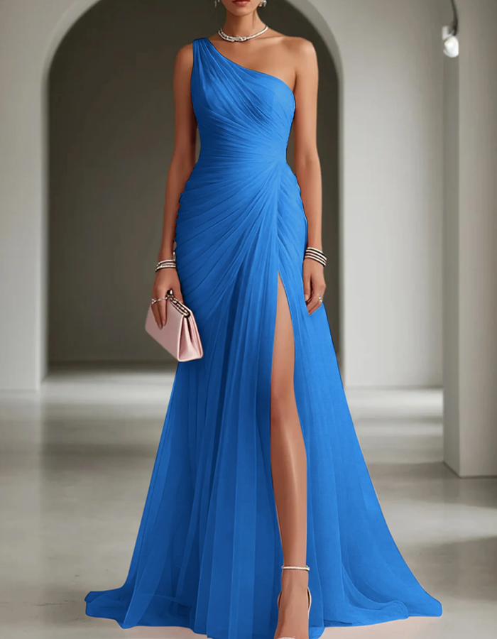 One-Shoulder Pleated Chiffon Maxi Dress